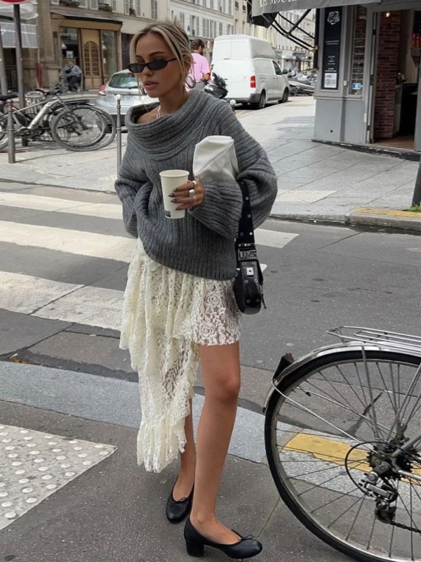 Asymmetric Flower Lace Trendy Ruffles Pleated Long Skirt lace skirt elegant