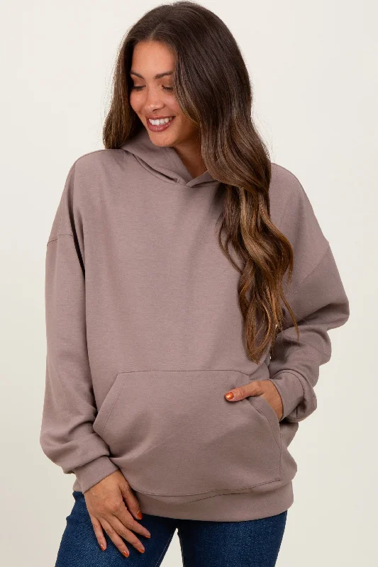 Taupe Basic Maternity Hoodie Sweatshirt Hoodie with High Neck Warm Protective