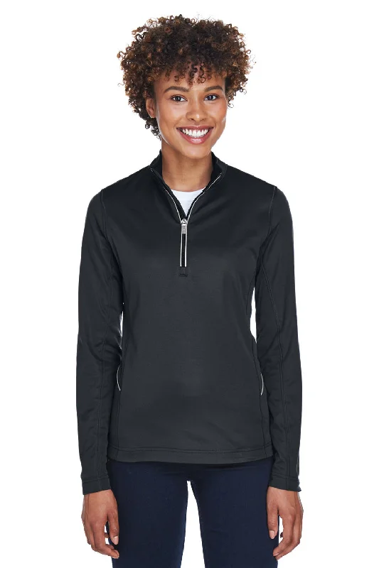 UltraClub Womens Cool & Dry Moisture Wicking 1/4 Zip Sweatshirt w/ Pocket - Black Hoodie with Back Slit Movement Comfort