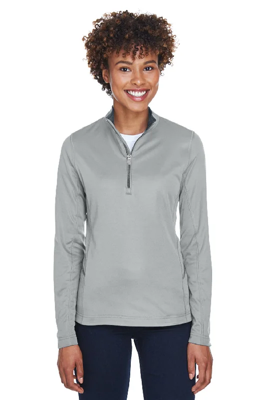 UltraClub Womens Cool & Dry Moisture Wicking 1/4 Zip Sweatshirt w/ Pocket - Grey Hoodie with Slit Hem Functional Movement