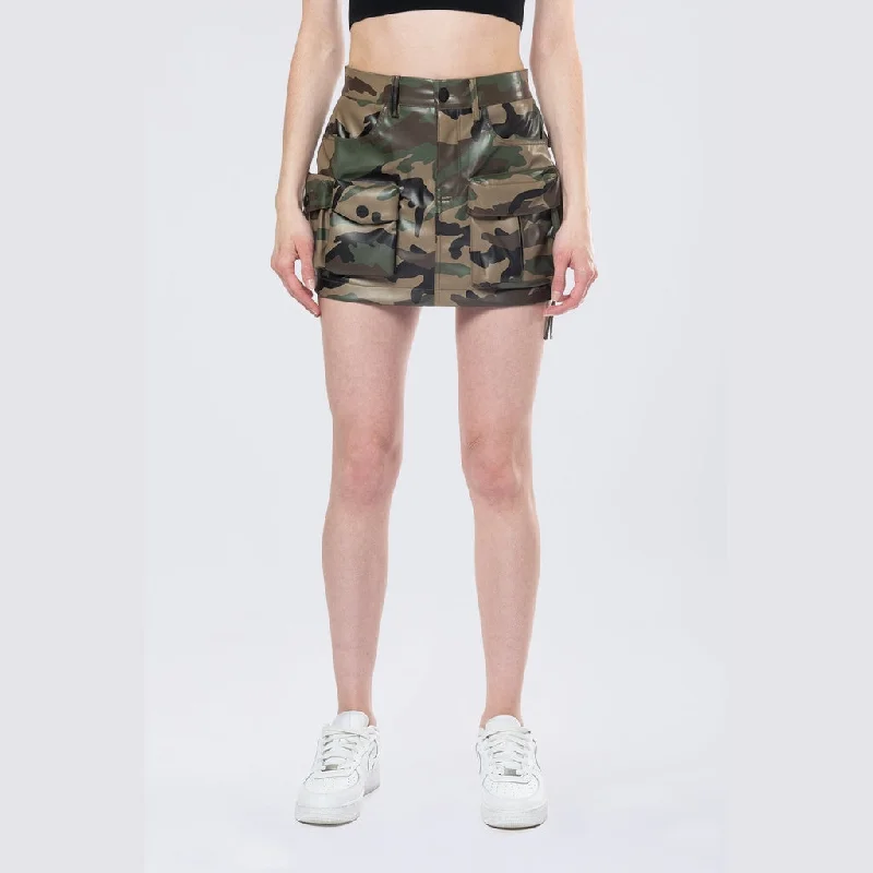 Utility Vegan Leather Mini Skirt - Wood Camo chiffon skirt floaty