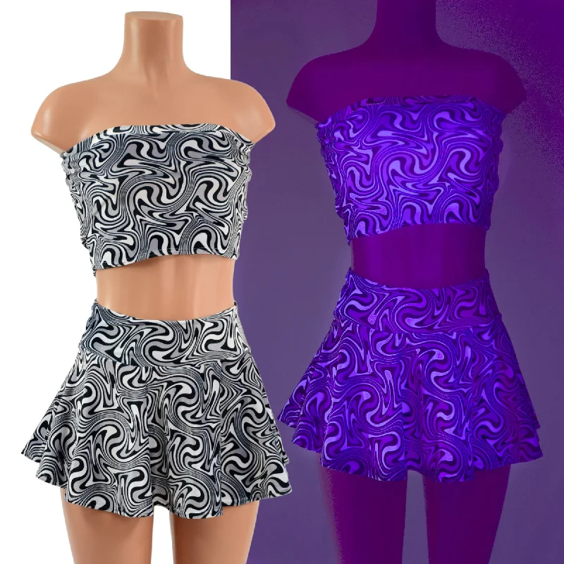 UV Glow Distortion Velvet Mini Rave Skirt and Strapless Top Set silk skirt smooth