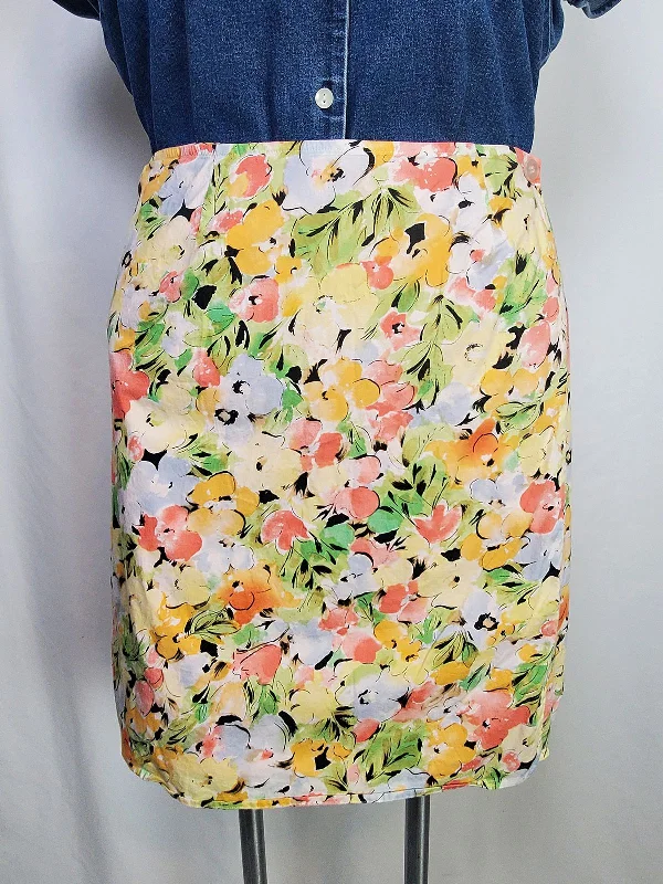 Vintage Coldwater Creek Size 14 Yellow Multi Floral Wrap Mini Skirt linen skirt natural