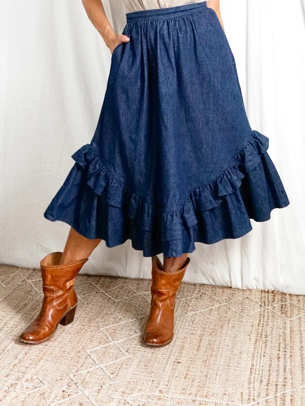 Vintage Denim Ruffle Peasant Skirt velvet skirt plush