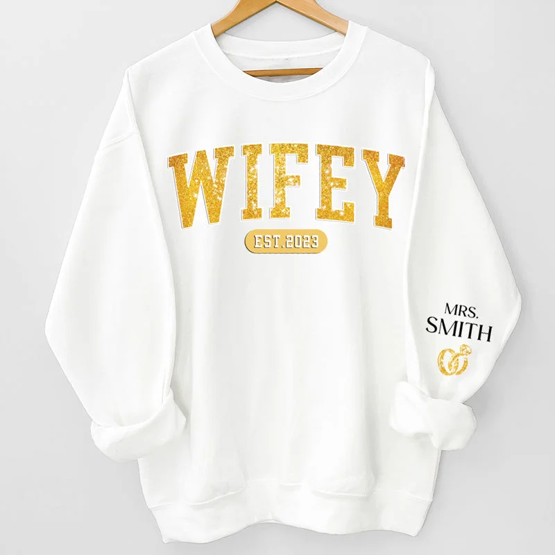 Wifey Est - Couple Personalized Custom Unisex Sweatshirt With Design On Sleeve - Gift For Husband Wife, Anniversary Hoodie with Front Slit Layering Stylish