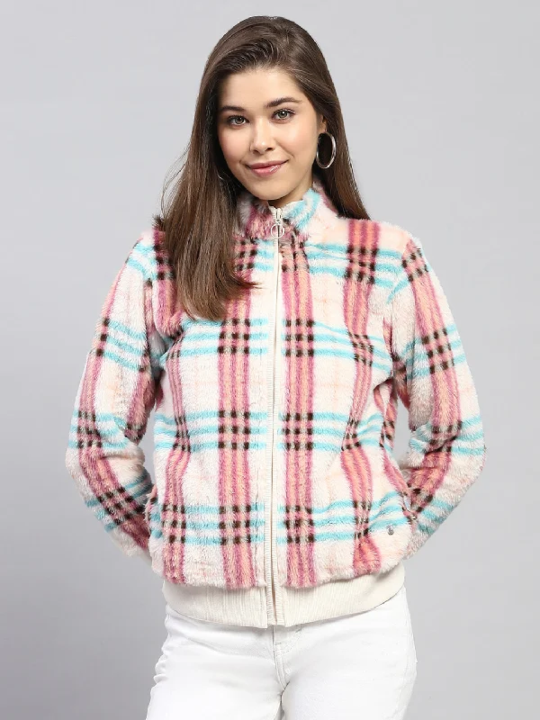 Women Pink Check Mock Neck Full Sleeve Sweatshirt Hoodie with Rhinestones Sparkly Elegant