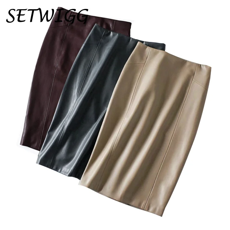 Women Sexy Soft PU Leather Pencil Midi Skirt Autumn Ladies Package Hip Back Split Faux Leather Pencil Skirt Burgundy Coffee chiffon skirt floaty
