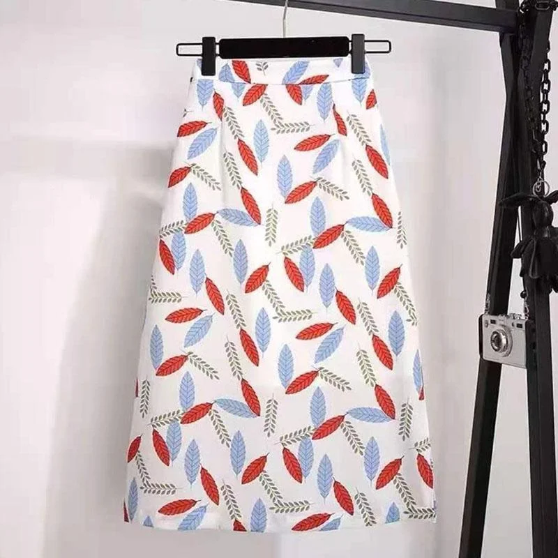 Women Summer Vintage Print Long Casual Skirt Slim Little Fresh High Waist Versatile A-line Skirt velvet skirt plush