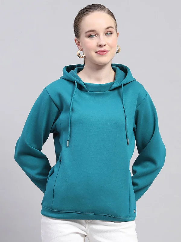 Women Teal Blue Solid Hooded Full Sleeve Sweatshirt Hoodie with Hem Patch Decorative Personalized Women Teal Blue Solid Hooded Full Sleeve Sweatshirt Hoodie with Hem Patch Decorative Personalized