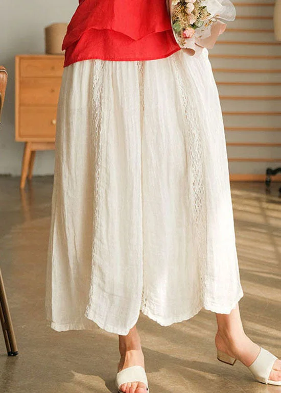 Women White tie waist lace Patchwork Linen Skirts Spring zip skirt side