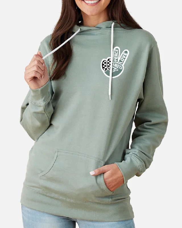 WOMENS PEACE LOVE MOTO HOODIE - SAGE GREEN Hoodie with Metallic Shiny Futuristic