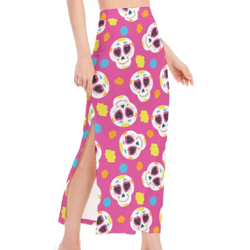 Women's Pink Sugar Skulls Side Slit Skirt linen skirt relaxed