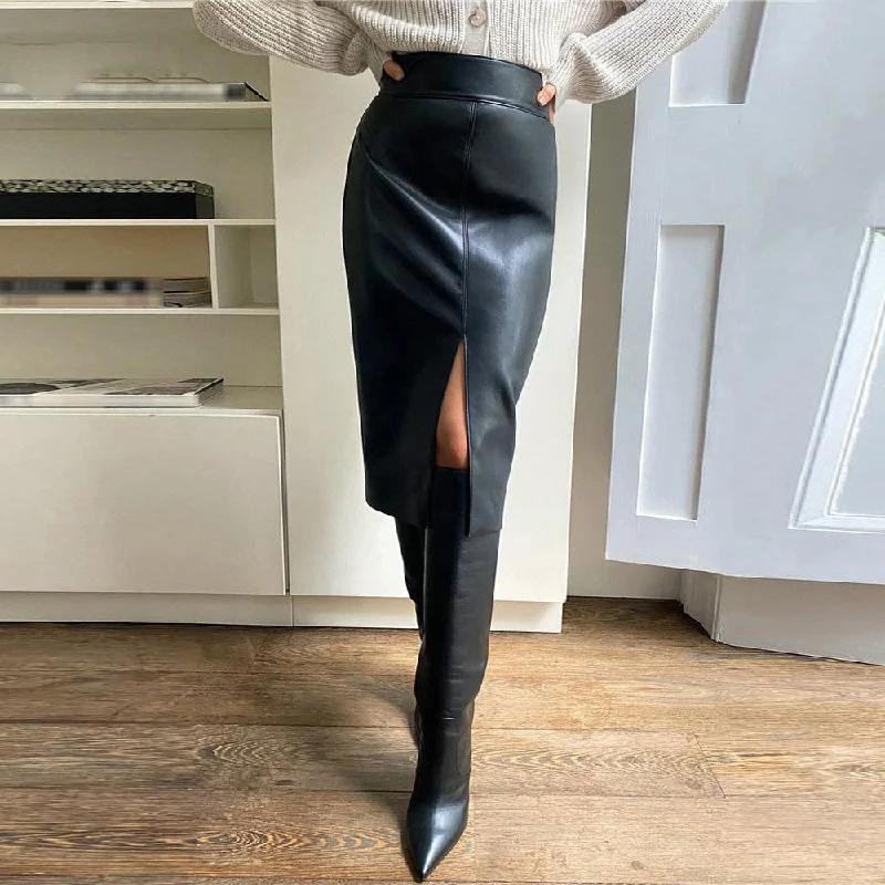 Women's Sexy Streetwear Synthetic Leather High Waist Slit Pencil Office Skirt silk skirt lustrous