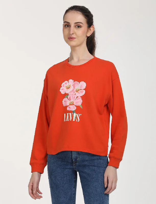 Women's Solid Red Crew Neck Sweatshirt Hoodie with Pocket Utility Practical